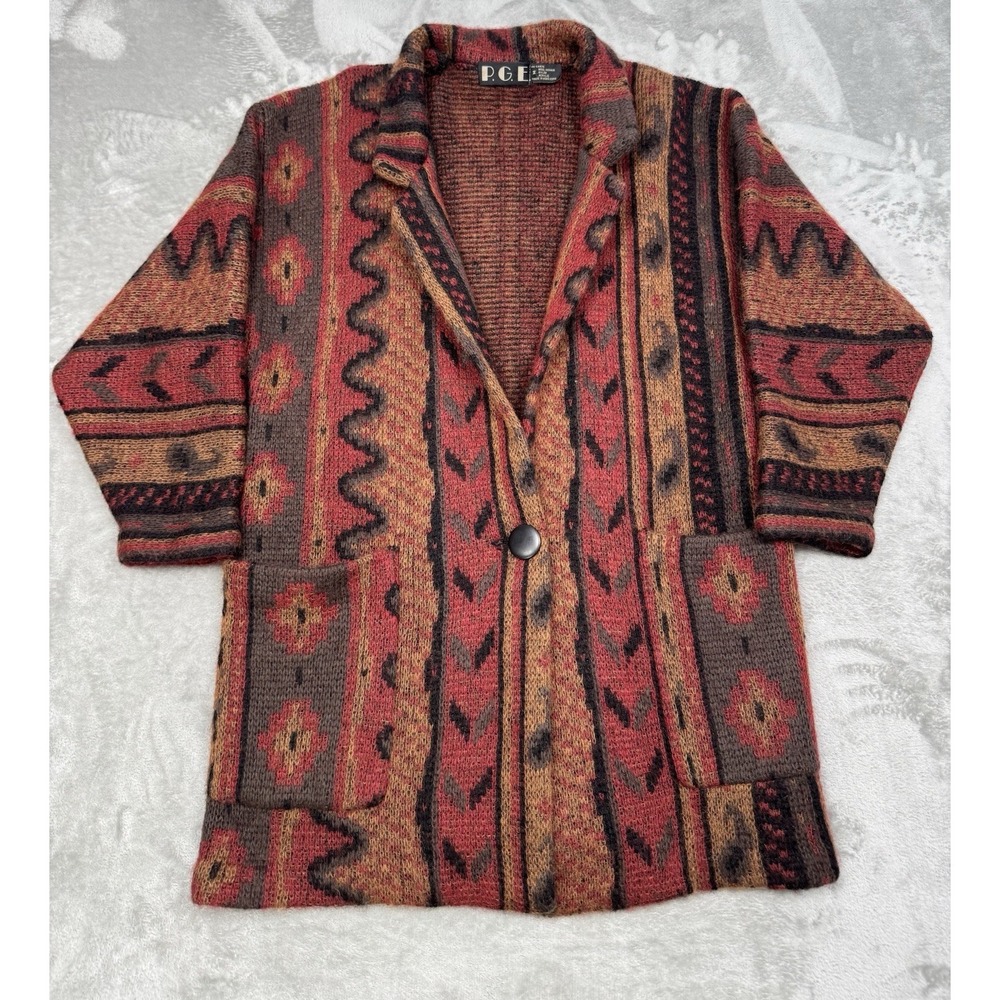 Vintage PGE Wool Mohair Cardigan Jacket Medium Aztec Southwestern 3D Coogi 80s